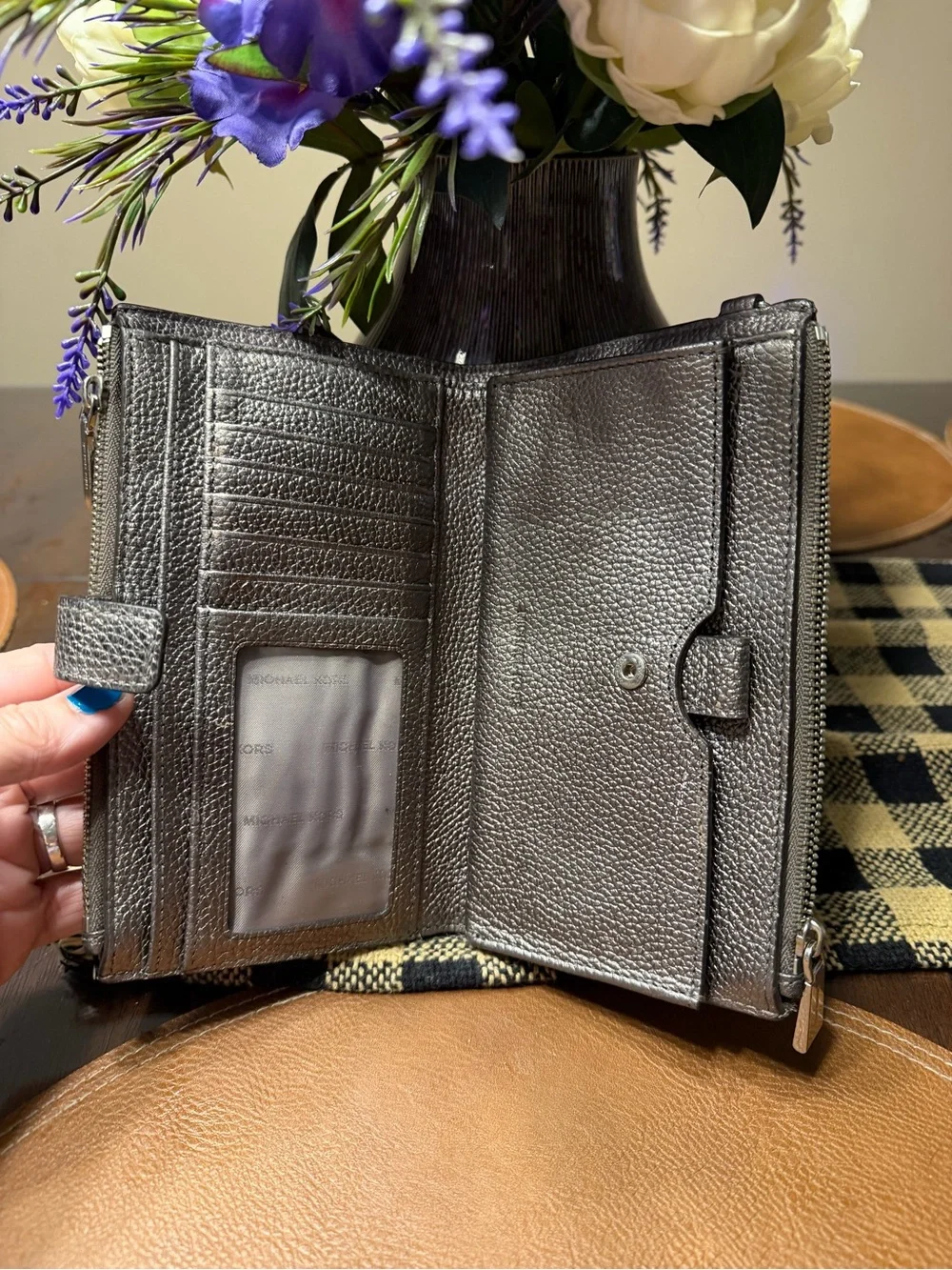 Michael Kors Metallic Pewter Pebbled Leather Wristlet